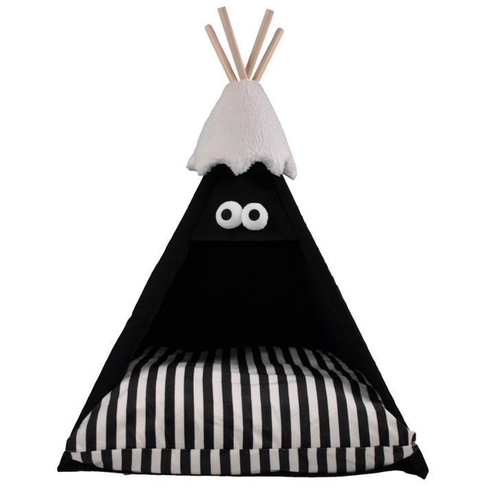 Cort teepee pentru animale de companie, Negru, 60x60x78 cm, cadru lemn, perna inclusa, antiderapant