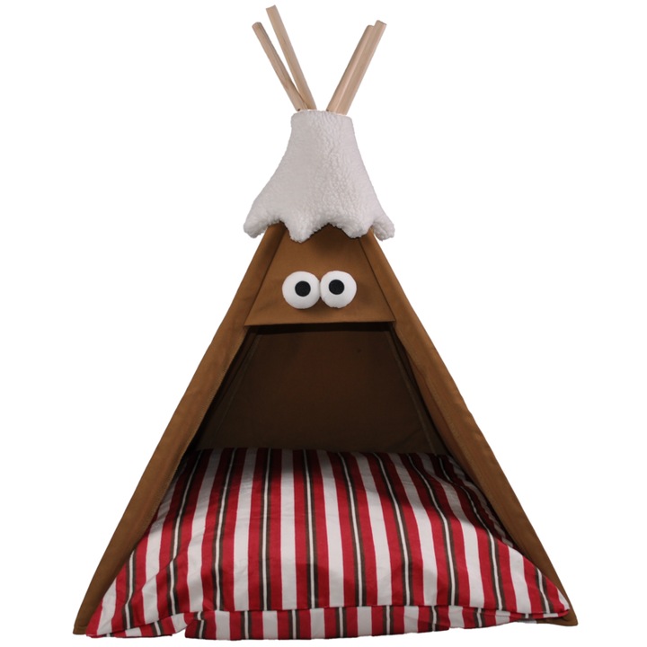 Палатка типи за домашни любимци, кафява, 60x60x78 см, дървена рамка, включена възглавница, неплъзгаща се