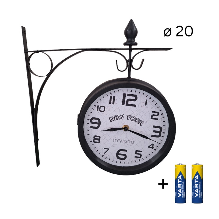 Двустранен стенен часовник, аналогов, изработен от метал, със стойка, 2 батерии включени, безшумен, със стъклен прозорец, Ø 20 см, кафяв