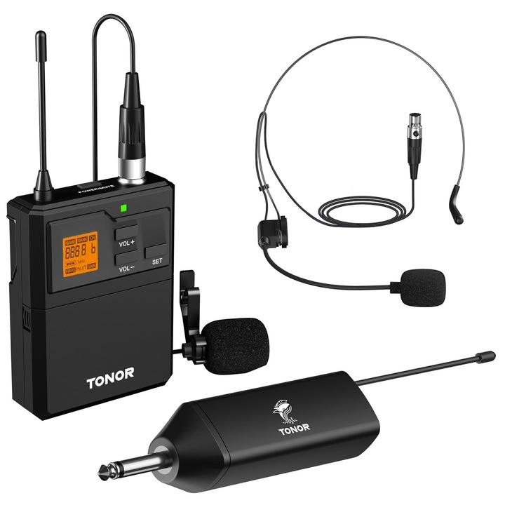 Комплект безжични микрофони Tonor UHF със слушалки, безжичен микрофон с лента за глава/лавалирен микрофон за ревер, предавател за тяло, мини приемник, 6.35 мм изход, обхват 60 м, безжичен микрофон за изпълнения на живо