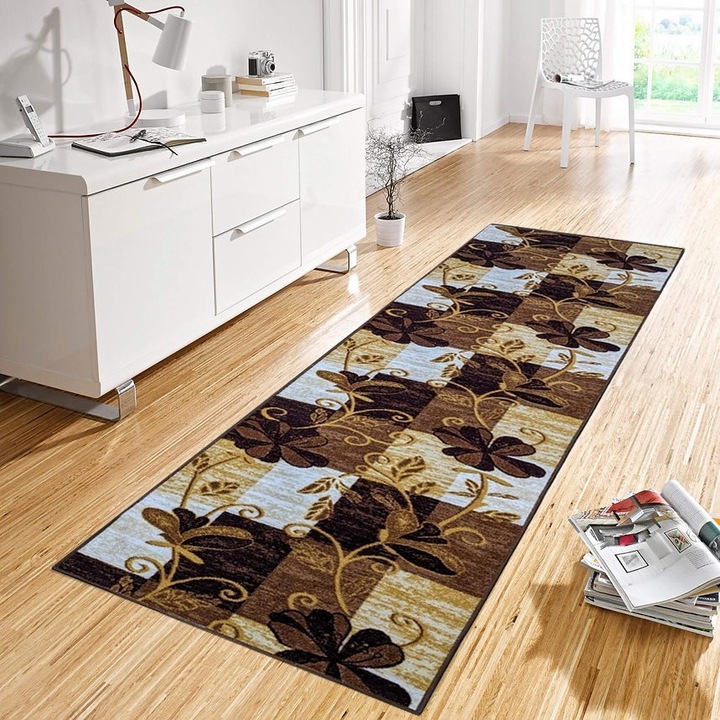 Traversa Antiderapanta cu Flori, Maro cu Bej, Suport Cauciuc, 120 x 320 cm