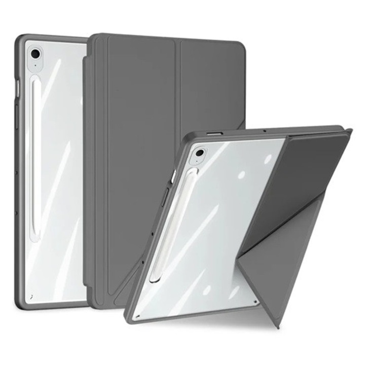 Dux ducis magi origami tabletvédő álló, bőr hatású, aktív flip, oldalra nyíló, trifold, asztali tartó, ceruza tartó, szürke, kompatibilis: Samsung Galaxy Tab S10 FE Plus WIFI, SM-X626, / Galaxy Tab S10 FE Plus LTE, SM-X620