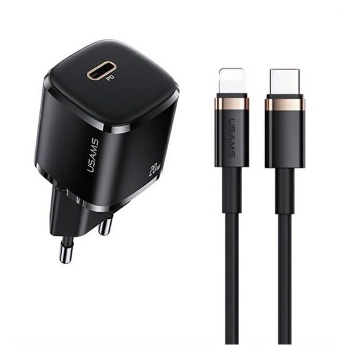Usams t36 mini hálózati töltő type-c aljzat, 20w, pd gyorstöltő 3.0 + type-c kábel, fekete