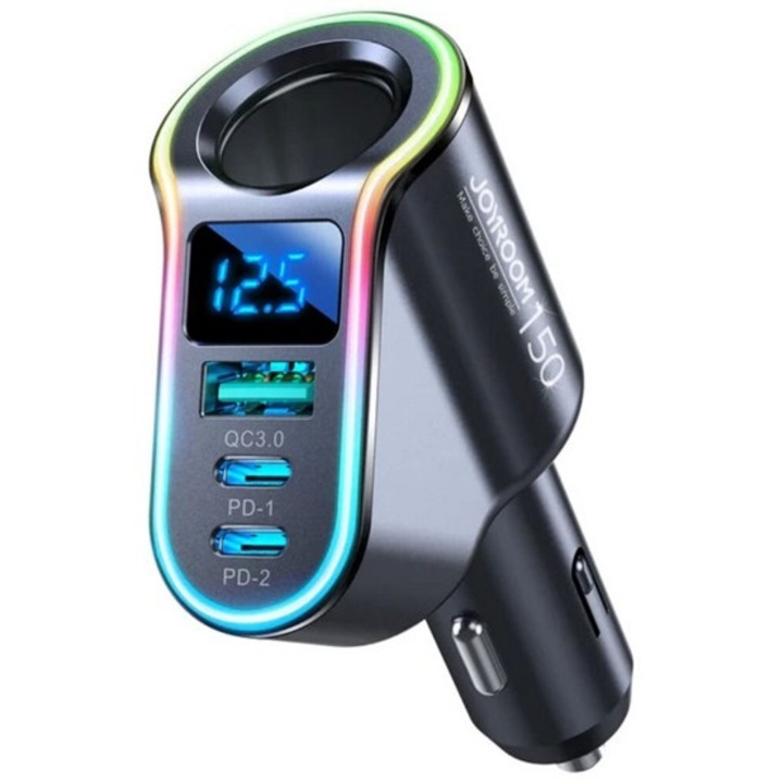 Joyroom szivargyújtó adapter, szivargyújtó+usb+2 type-c aljzat, 150w, pd gyorstöltő 3.0, fekete
