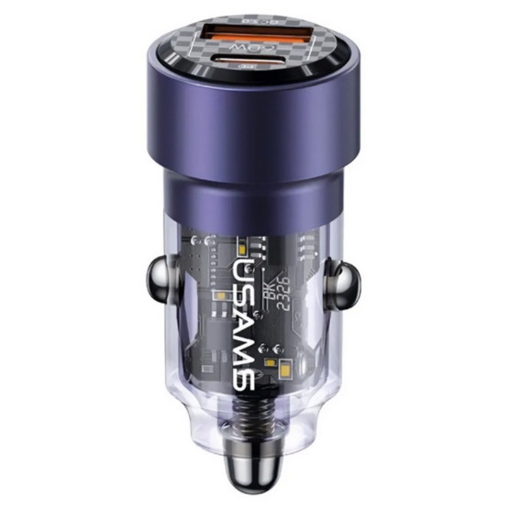 Usams c39 autós töltő usb+type-c aljzat, 60w, pd gyorstöltő 3.0, lila