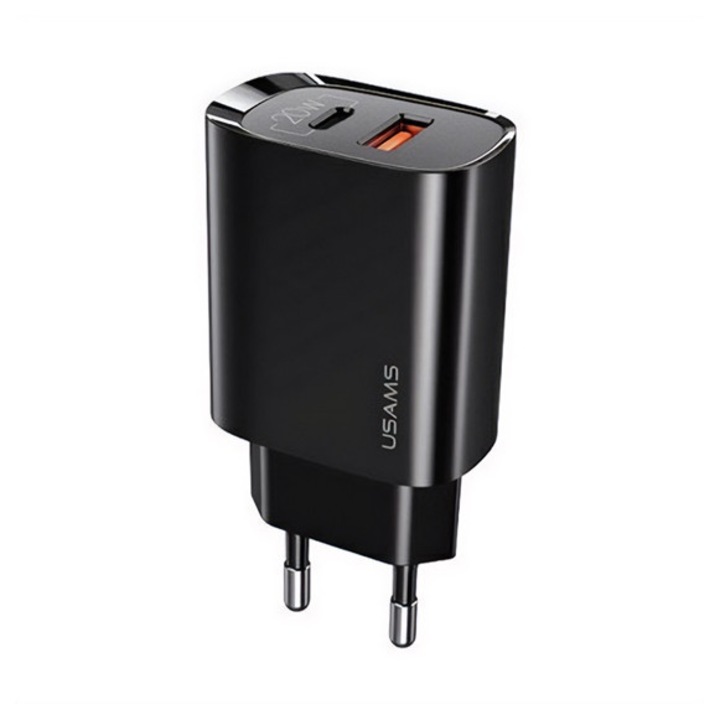 Usams t35 hálózati töltő type-c+usb aljzat, 20w, pd gyorstöltő 3.0, fekete