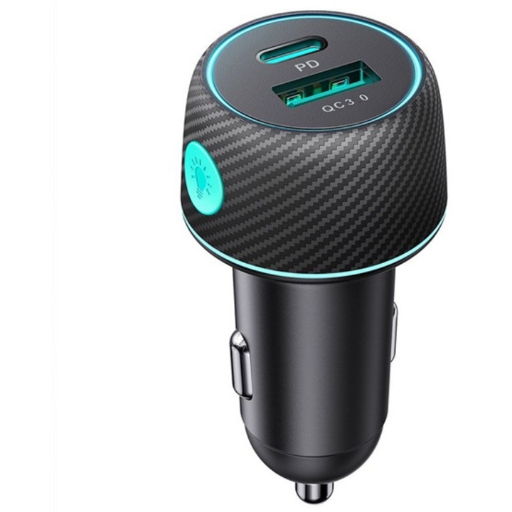 Joyroom autós töltő usb+type-c aljzat, 60w, pd gyorstöltő 3.0, karbon minta, led jelzés, fekete