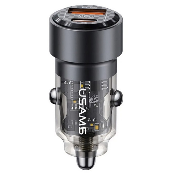 Usams c39 autós töltő usb+type-c aljzat, 60w, pd gyorstöltő 3.0, fekete