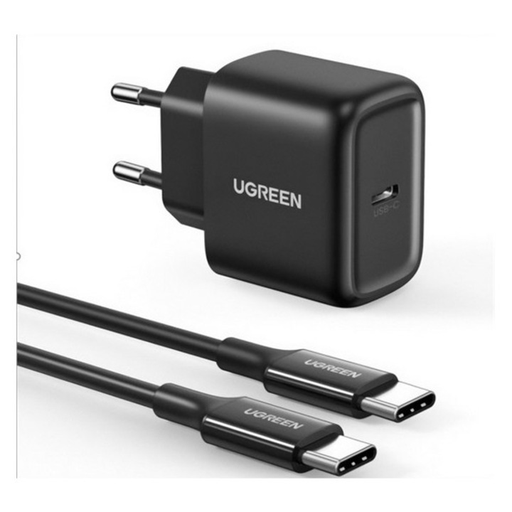 Ugreen hálózati töltő type-c aljzat, 25w, pd gyorstöltő + type-c - type-c kábel, fekete