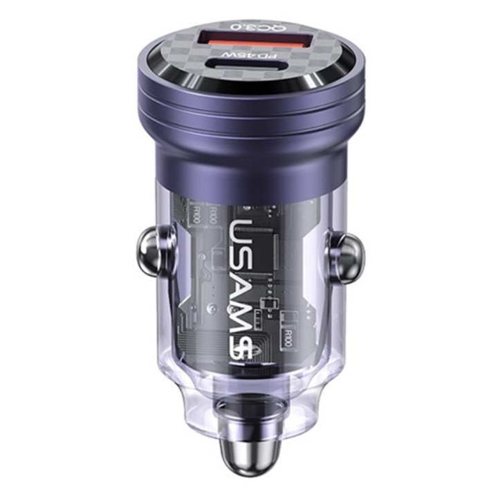 Usams c35 autós töltő usb+type-c aljzat, 45w, pd gyorstöltő, lila