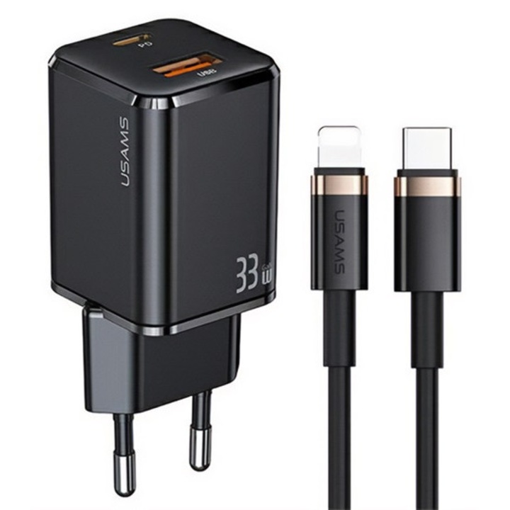 Usams t43 hálózati töltő usb+type-c aljzat, 33w, pd gyorstöltő 3.0 + lightning kábel, fekete