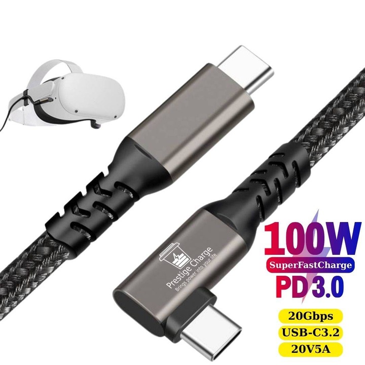 Кабел за данни и бързо зареждане макс. 100W, PRESTIGE CHARGE®, PREMIUM TEXTILE, 2Gbps, 4K 60Hz, PD 3.0, ъгъл 90 градуса, USB-C към USB-C, тип C, ергономичен, за гейминг VR, 1 м, черен