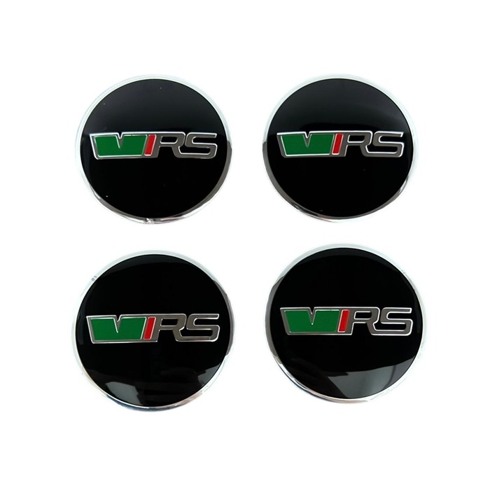 Комплект от 4 стикера, За емблеми на Skoda VRS, Алуминий, 56 мм, За капачки за джанти, Самозалепващи се, Черен
