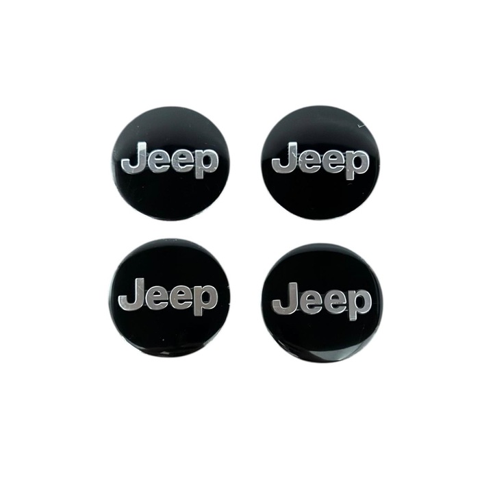 4 darabos JEEP embléma matrica készlet, öntapadós, 56 mm-es alumínium lemezből, dísztárcsákra, fekete