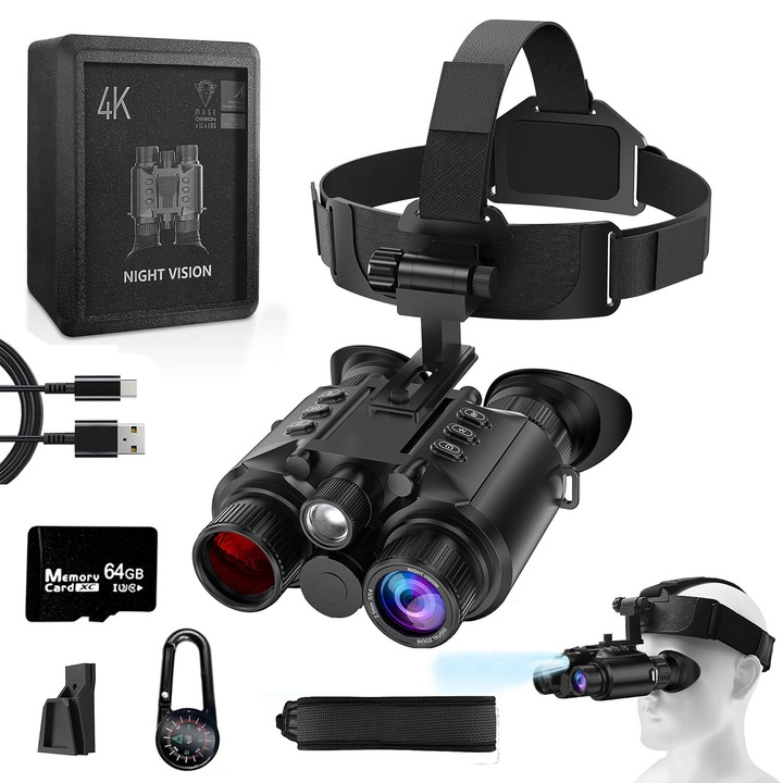 Бинокъл с 4K нощно виждане, LIVNO, 8x увеличение, 64 GB карта памет, с функция за осветление, зрително разстояние 600 метра, лента за глава, 3500 mAh, черен