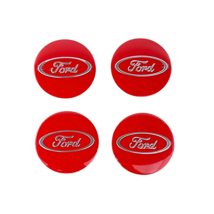 4 darabos Ford embléma matrica készlet, öntapadós, 56 mm-es alumínium lemezből, dísztárcsákra, piros