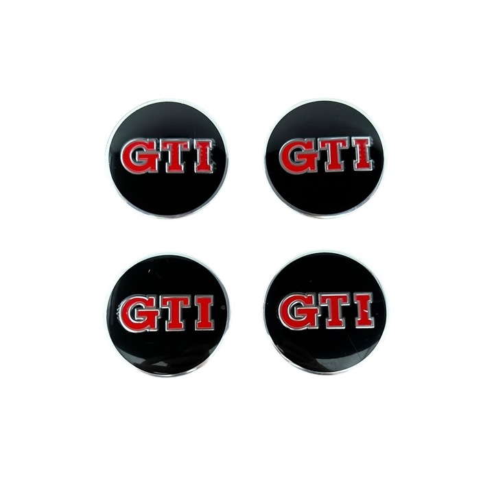 Комплект от 4 стикера с емблеми на Volkswagen GTI, изработени от ламарина (алуминий), самозалепващи се 56 мм за капаци на джанти