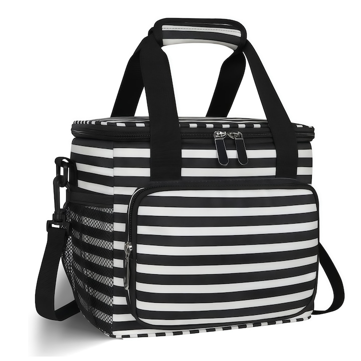 Хладилна чанта за пътуване/пикник/плаж, хладилна чанта за къмпинг напитки, изолирана кутия за съхранение на топла храна, 2 дръжки с регулируема презрамка, 15 л, райета, черно/бяло, водоустойчива и непропусклива