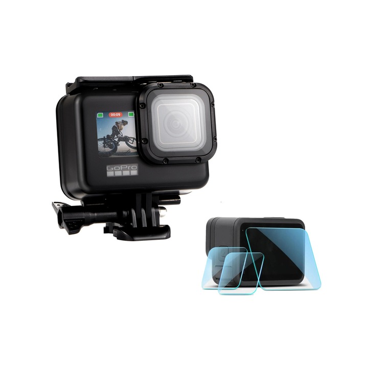 Калъф за GoPro Hero 9, Hero 10, Hero 11, Hero 12, със защитно фолио за екрана и обектива, водоустойчив, устойчивост на удар, черен