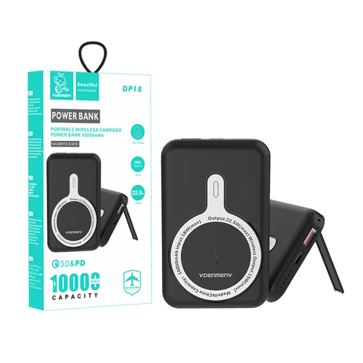 Denmen 20000 mAh-s külső akkumulátor, fekete, LED kijelzővel, ABS