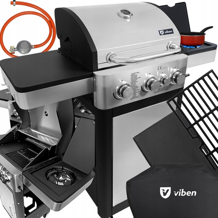 Grill gazonier Viben Sparkle 3+1, 9,9 kW, inox, cu capac si termometru, set cu husa