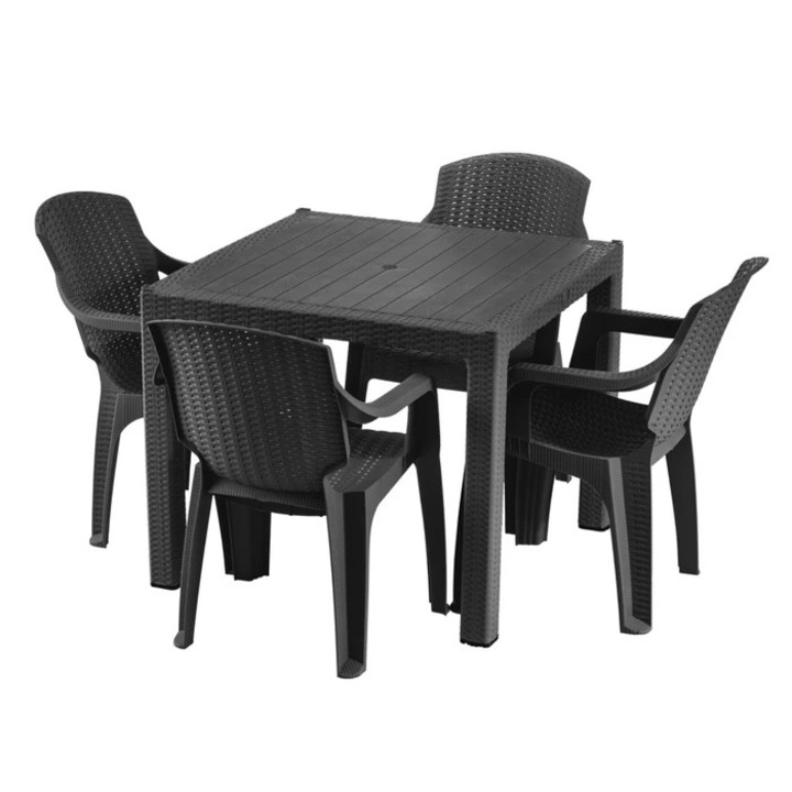 Set terasa / mobilier gradina cu masa fixa, patrata, 4 scaune, pentru exterior, polipropilena, gri