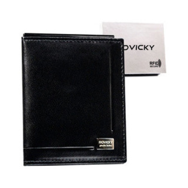 Кожен калъф за карти и документи, Rovicky, 7 отделения, RFID защита, черен