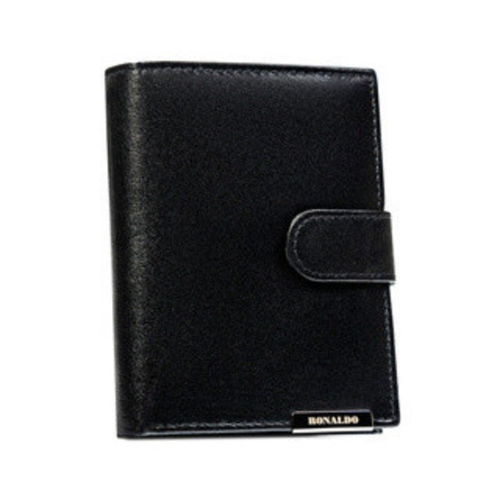 Portofel barbati, Ronaldo, din piele naturala, negru, 9 locuri pentru carduri, 5 compartimente pentru documente