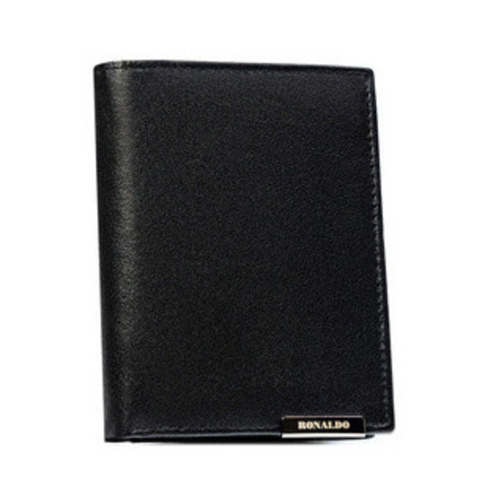 Portofel barbati, Ronaldo, piele naturala, negru, compact, 9 locuri pentru carduri, 5 compartimente pentru documente