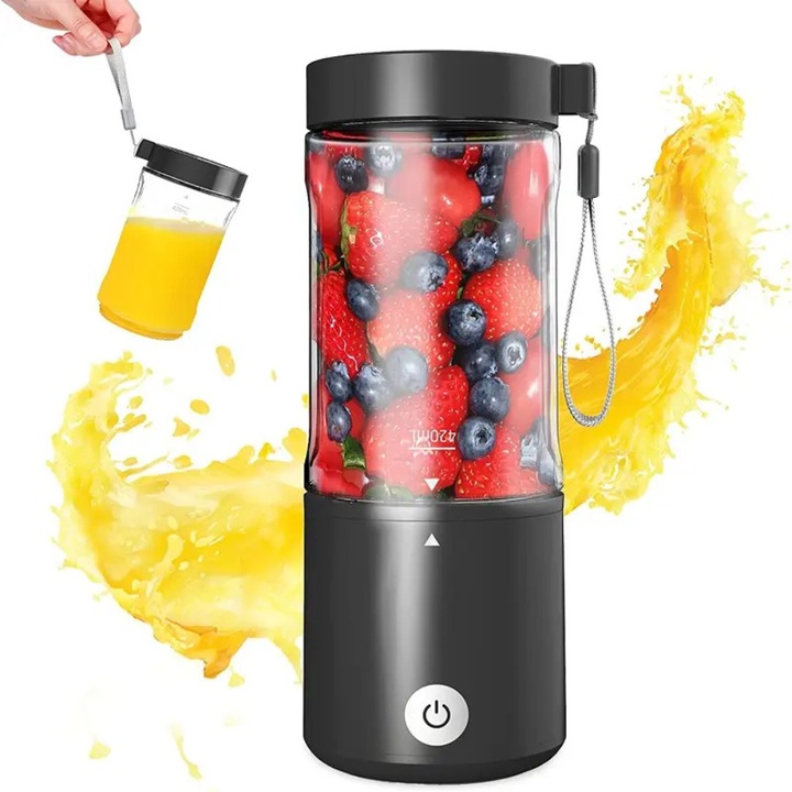 Mini Blender Electric, Arvada Easy Mix SJ1007, 80W, 20.000 RPM, Portabil, Negru, 420ml, 6 Lame 3D, Acumulator 4000mAh