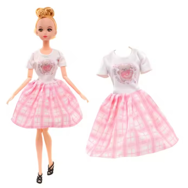 Toy Toy Toy 11,5 cm magas baba rózsaszín ruhában és kék táskával, Barbie típusú baba