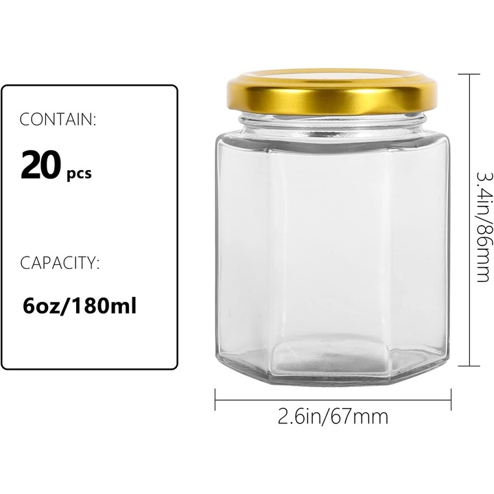 Csavaros kupakkal ellátott üvegkészlet, Omelivon, üveg/fém, fűszerekhez/lekvárhoz/öntethez/mézhez, 180ml, átlátszó