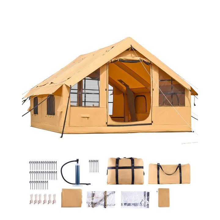 Надуваема палатка за къмпинг, модел за глемпинг, за 5-8 души, с включена помпа, лесно сглобяване