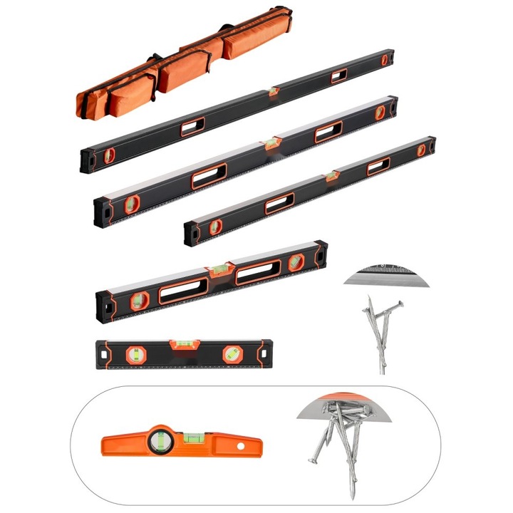 Nivela cu torpila in set de 6 piese, dimensiuni 78/48/32/24/16/10 inch, echipate cu fiole cu bule, Masurare Precisa, Robusta, Rezistenta la Lovituri, Usor de Manevrat