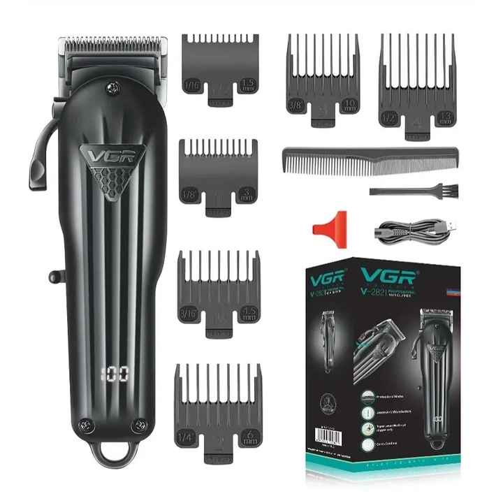 Професионална машинка за подстригване, VGR V-282 безжична, LED дисплей, 6 решетки, 2000mAh, черна