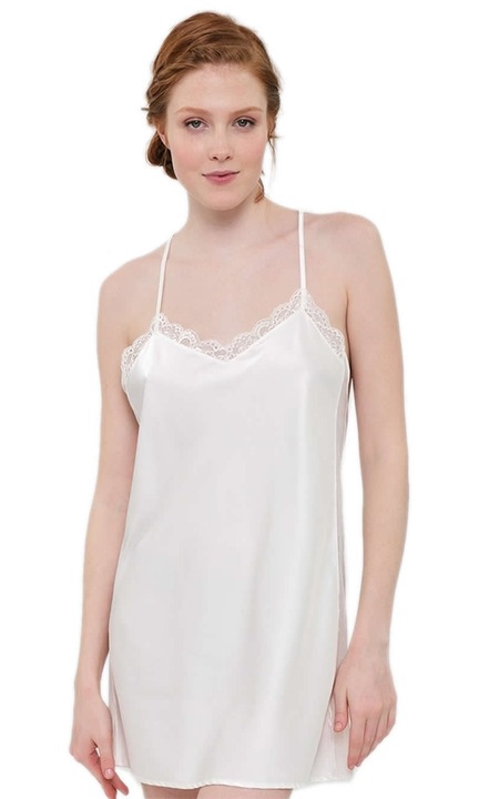 Pijamale dama Muydemi, camasa de noapte, satin, alb, dantela decorativa