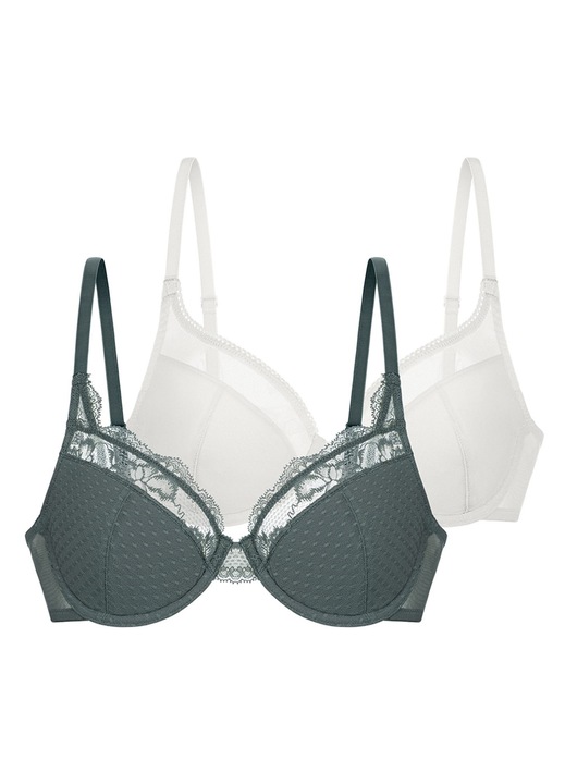 Set 2 sutiene Dorina Arista, cu decolteu adanc, dantela/satin, transparent, verde/alb
