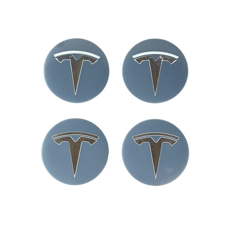 4 darabos Tesla fém (alumínium) öntapadós 56 mm-es kerékborítás embléma készlet, szürke