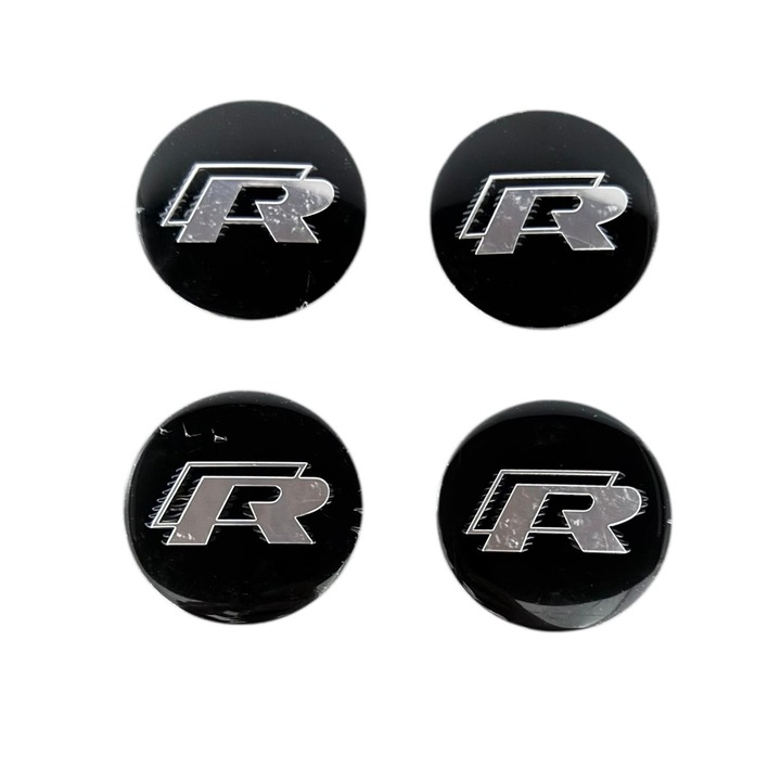 Комплект от 4 стикера с емблеми на Volkswagen R line, изработени от ламарина (алуминий), самозалепващи се 56 мм за капаци на джанти