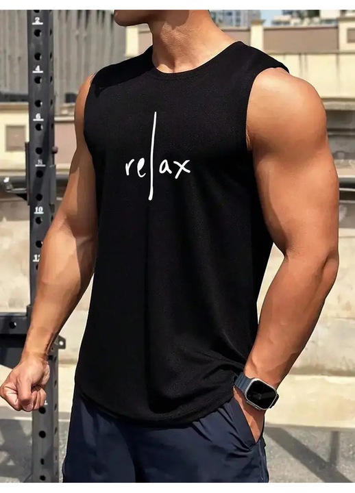 Tricou Barbati, Relax, Model Tank, fara maneci, bumbac, Negru, L