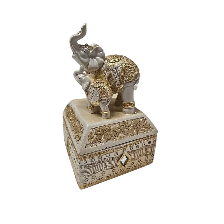 Caseta de bijuterii patrata frumos ornata avand 2 elefanti cu trompele in sus, decoratiune feng shui simbol al bogatiei si prosperitatii material din rasina, inaltime 14 cm