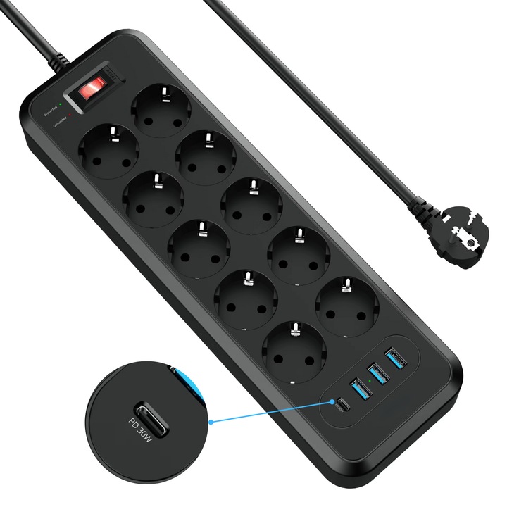 Prelungitor INNOVIO® de Putere Mare 4000W 16A, 10 Prize cu 4 Porturi USB (USB-C PD 30W), Multiple Protectii, Impamantare, Materiale Ignifuge, Montabil pe Perete, Cablu 2M, Culoare Negru
