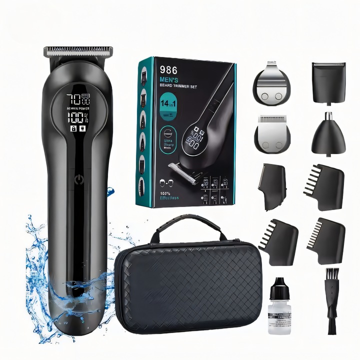 Hajvágó és borotva, Professzionális Mepi Tech – M986, 6 az 1-ben, Trimmelő, Hajvágó, Szakáll, Bajusz, Orr, Fül, Test, Ergonomikus kialakítás, Önélező rozsdamentes acél pengék, USB-n újratölthető, LED kijelző, Alacsony zajszint, Fekete-szürke