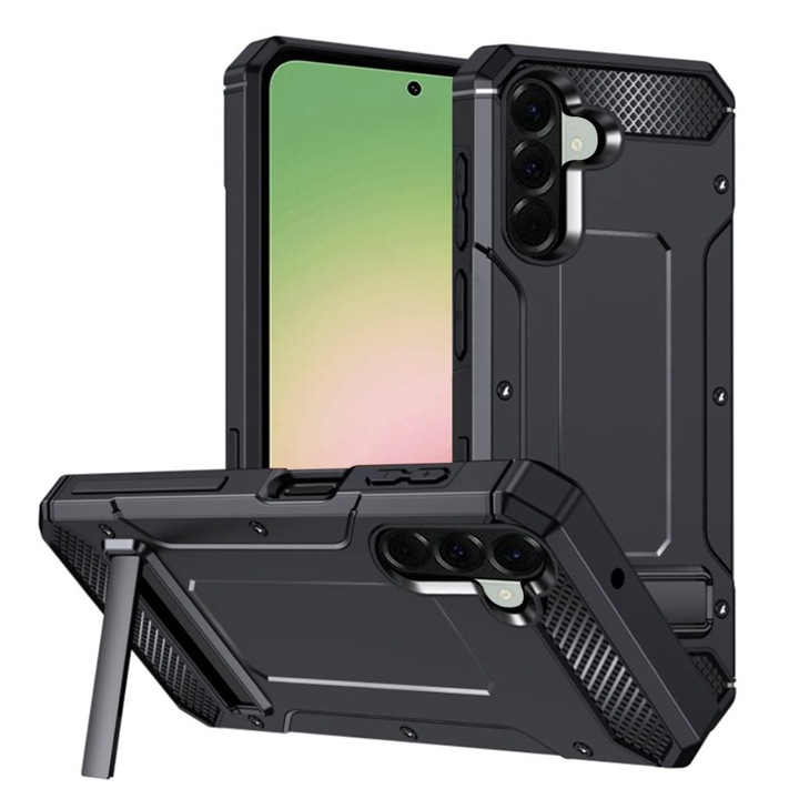 Husa pentru Samsung Galaxy A56 5G, SKYDDAR INNOVATION, Hybrid Armor, din Plastic Dur, Margini Cauciucate, Antisoc, Negru, set cu sticker