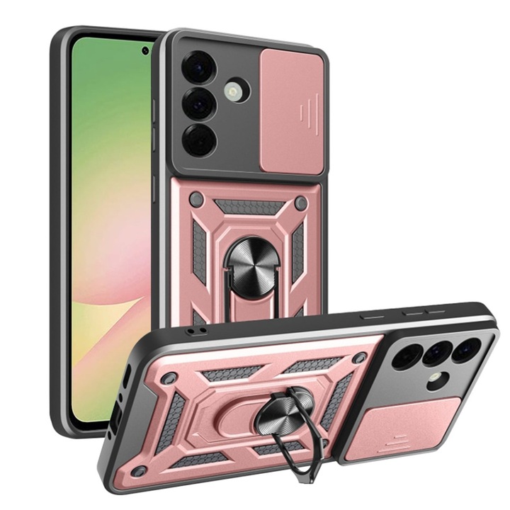 Husa pentru Samsung Galaxy A56 5G, antisoc, inel magnetic, protectie camera, set cu sticker, camshield, Roz