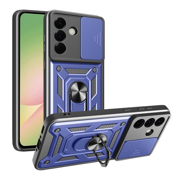 Husa pentru Samsung Galaxy A56 5G, antisoc, inel magnetic, protectie camera, set cu sticker, camshield, Albastru