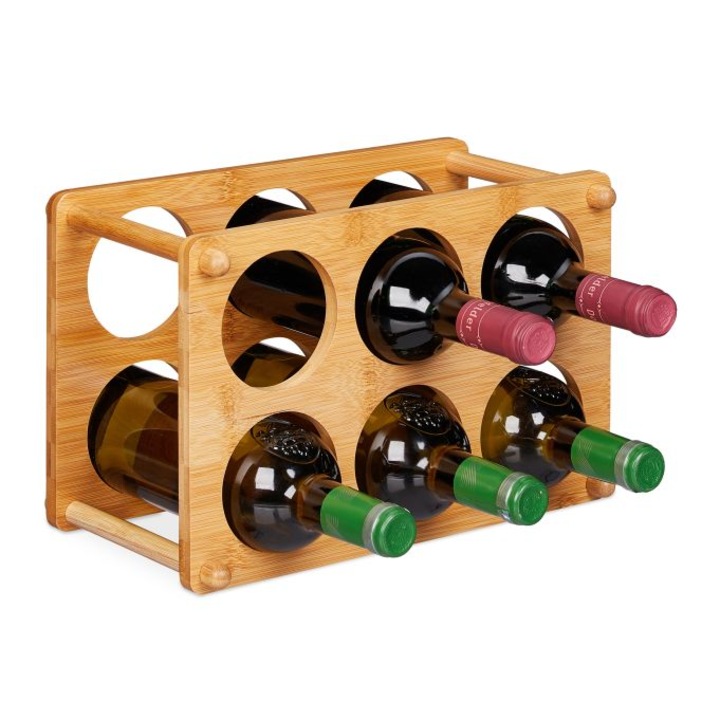 Suport 6 sticle de vin Relaxdays, din bambus, 21 x 32 x 18.5 cm
