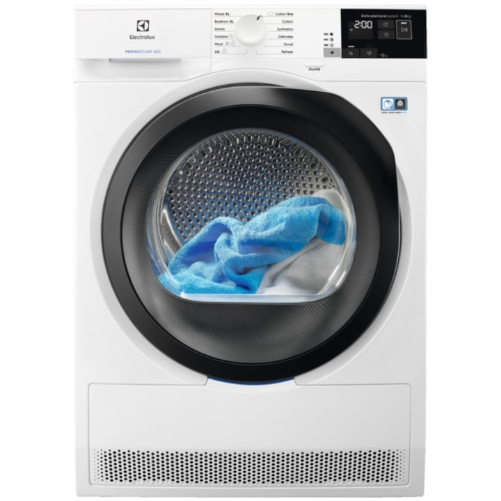 Uscator de rufe Electrolux PerfectCare800 EW8H458B, Pompa de caldura, 8 kg, 12 programe, Clasa A++, Motor Inverter, DelicateCare, GentleCare, SensiCare, Display touch LCD, Alb