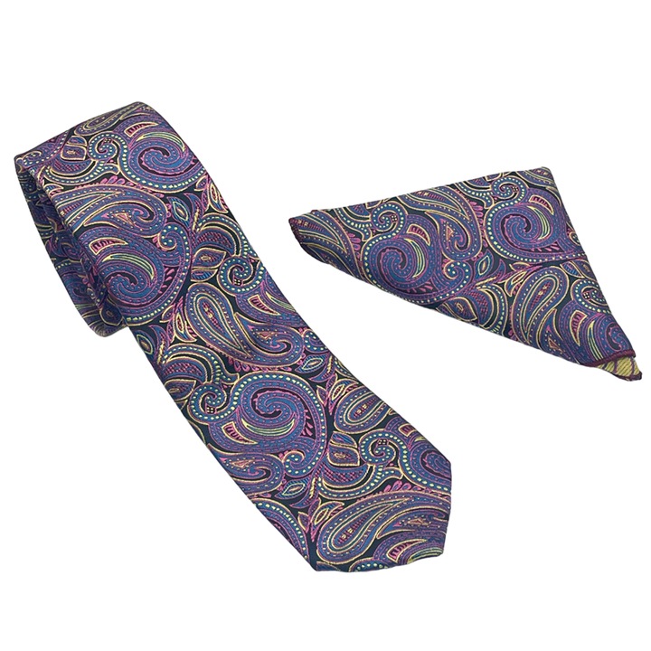 Set cravata slim cu batista Paisley RUDD, Mov/ Multicolor