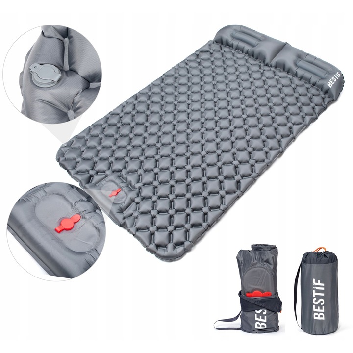 Къмпинг матрак Bestif 190x120x5.5 см, водоустойчив, устойчив на разкъсване, комплект с калъф, сив
